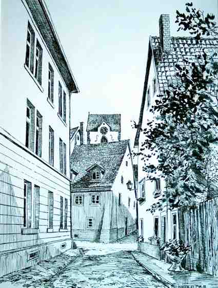 Schopfheim Altstadt Hebelschule Federzeihnung Postkarte